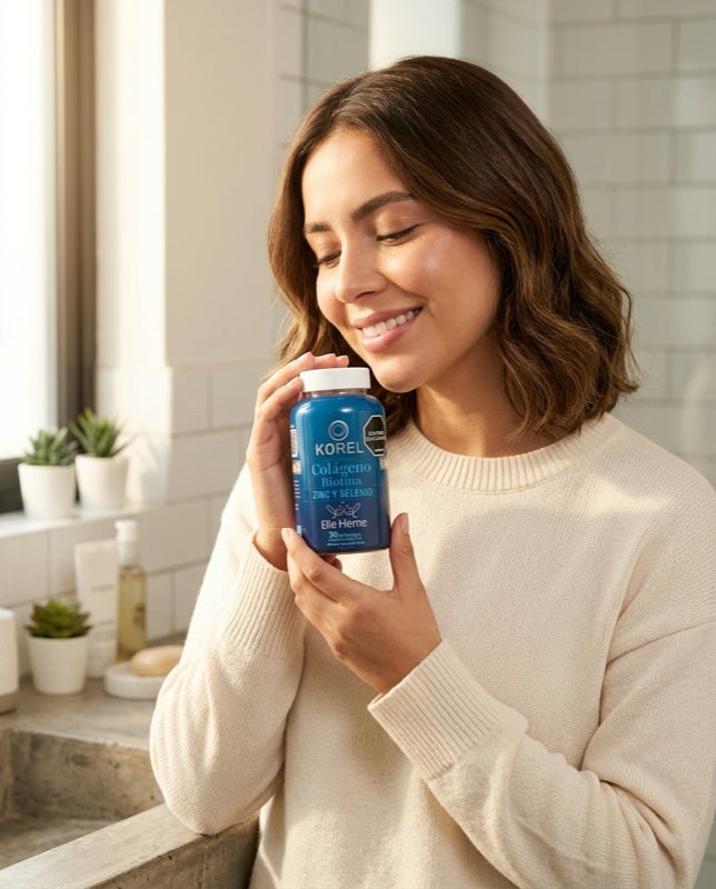 Mujer radiante sosteniendo el frasco de Colágeno + Biotina